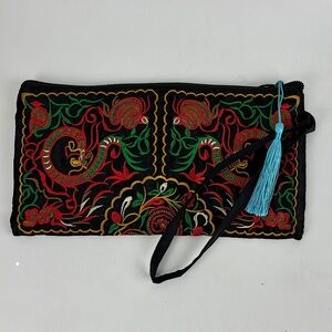 Embroidered Black Zippered Clutch with Tassel Bag Wristlet 10” x 5.5”